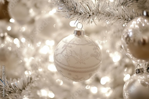 christmas tree alternative decorations with white ornaments, lights bokeh, and white painted tree branches, holiday season decor photo