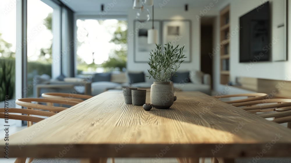Minimalist Wooden Dining Table with Greenery Centerpiece Minimalist Wooden Dining Table with Greenery Centerpiece