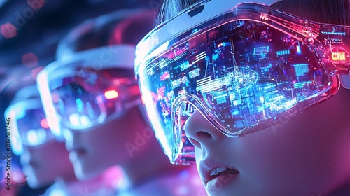 Education Technology and Online Learning Platforms Concept. Futuristic Visionaries Wearing Advanced Virtual Gear