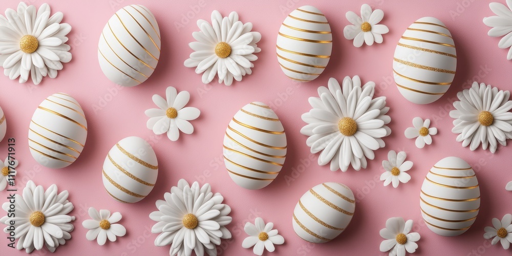 Easter eggs and daisies on pink background: vibrant springtime pattern for celebrations Easter eggs and daisies on pink background: vibrant springtime pattern for celebrations