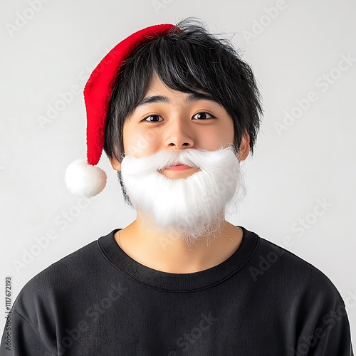 Anime employee with a Santa beard prop on a white background photo