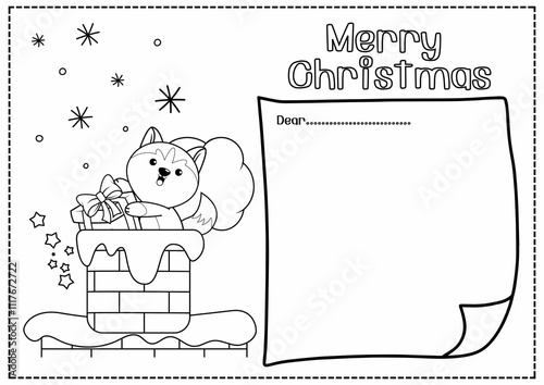 A delightful Christmas card for kids in coloring page style, featuring holiday-themed outlines like Santa, reindeer, gifts, and snowflakes. photo