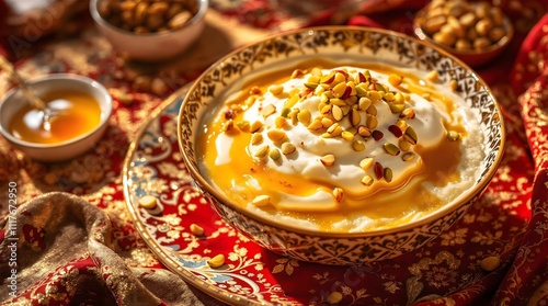 Kaimaq Shirini Clotted Cream Dessert with Honey and Nuts in Traditional Bowl (Kyrgyzstan Cuisine) photo