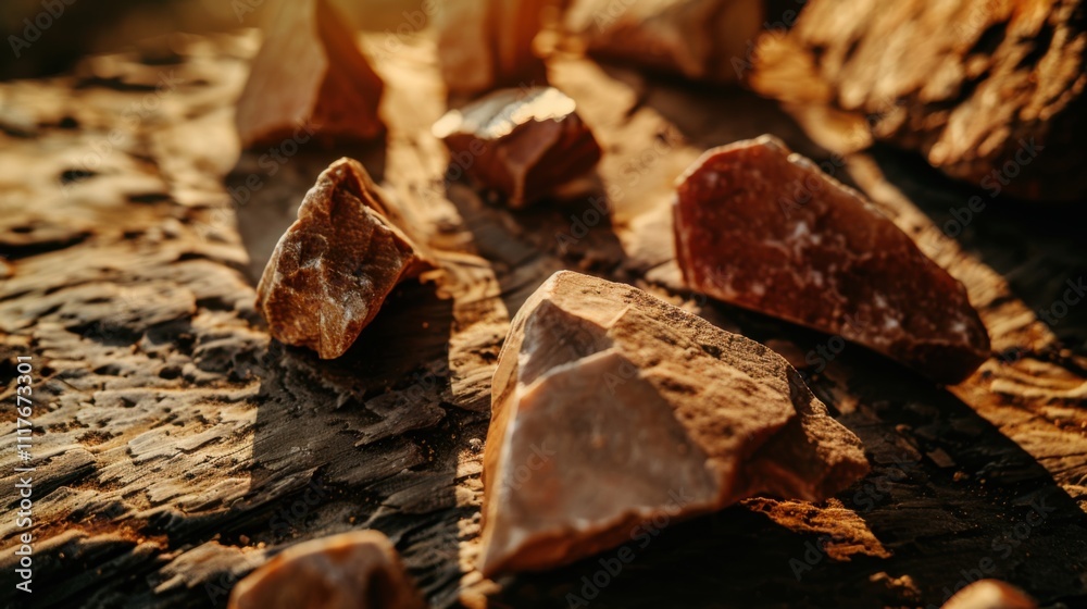 Close-up of ancient stone tools, sharp flint knives, and polished axes on a weathered wooden surface, symbolizing prehistoric craftsmanship and the dawn of human ingenuity Close-up of ancient stone tools, sharp flint knives, and polished axes on a weathered wooden surface, symbolizing prehistoric craftsmanship and the dawn of human ingenuity