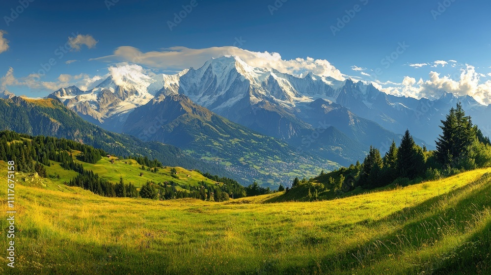 Panoramic view of majestic snow-capped mountains, lush green valley, and sunny sky.