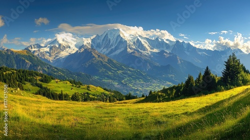 Panoramic view of majestic snow-capped mountains, lush green valley, and sunny sky.