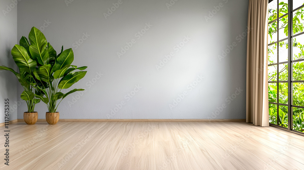 A bright, minimalist room featuring a large window, light wooden flooring, and green plants, creating a fresh and inviting atmosphere. A bright, minimalist room featuring a large window, light wooden flooring, and green plants, creating a fresh and inviting atmosphere.
