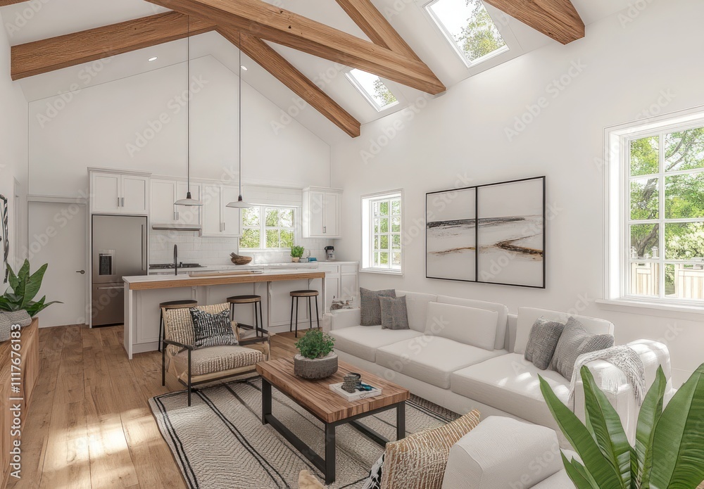 Fototapeta premium Bright, airy open-plan living space with kitchen, living room, and vaulted ceiling.