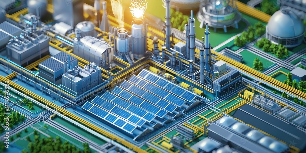 Fototapeta premium A diagram showing the strategic integration of renewable energy in industrial design, with solar panels and sustainable materials incorporated into the factory s structur