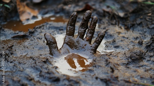 Mud-Covered Hand Reaching from Puddle.