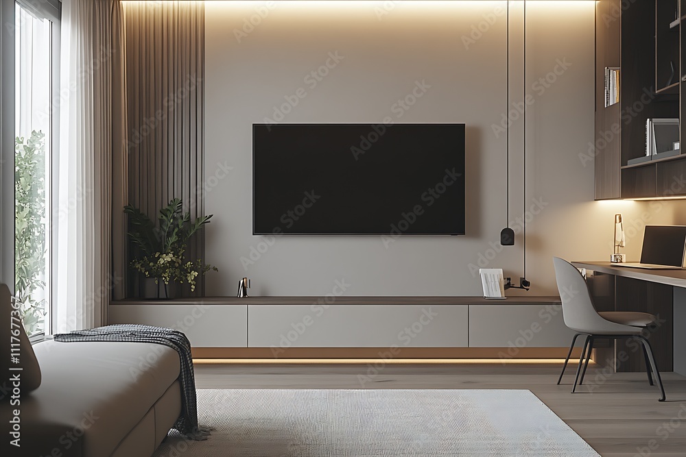 Contemporary Living Room with Wall Mounted TV and Sleek Workspace : Generative AI Contemporary Living Room with Wall Mounted TV and Sleek Workspace : Generative AI