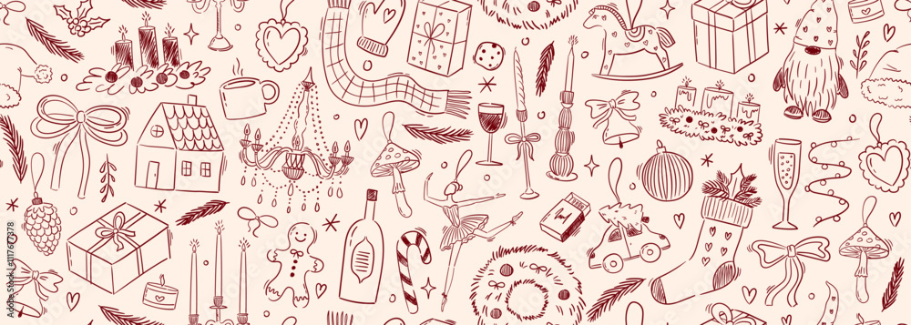 Seamless vector pattern with contemporary minimalist line art christmas holidays elements. Hand drawn candles, decorations, gifts, drinks doodles on wide background. Coquette ink winter banner Seamless vector pattern with contemporary minimalist line art christmas holidays elements. Hand drawn candles, decorations, gifts, drinks doodles on wide background. Coquette ink winter banner
