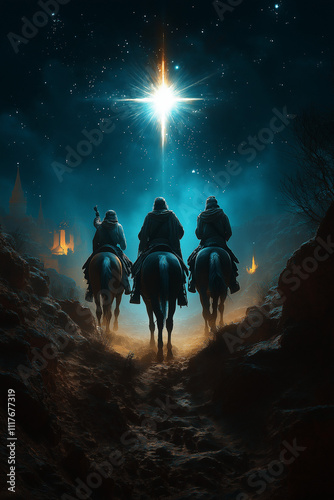 Illustration des trois rois mages à cheval suivant l'étoile de Bethléem dans un paysage désertique sous un ciel étoilé photo