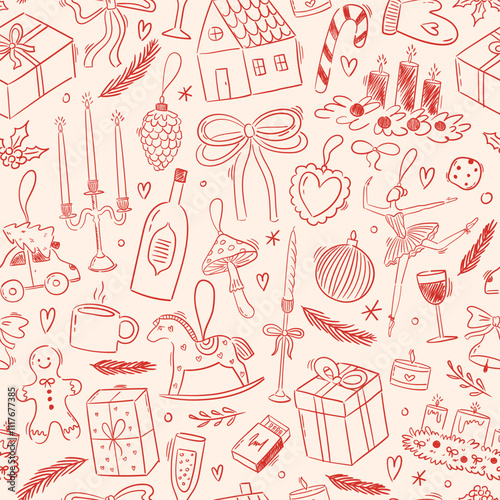 Seamless vector pattern with contemporary minimalist line art christmas holidays elements. Hand drawn decorations doodles on background. Coquette ink winter texture for wallpaper, wrapping paper