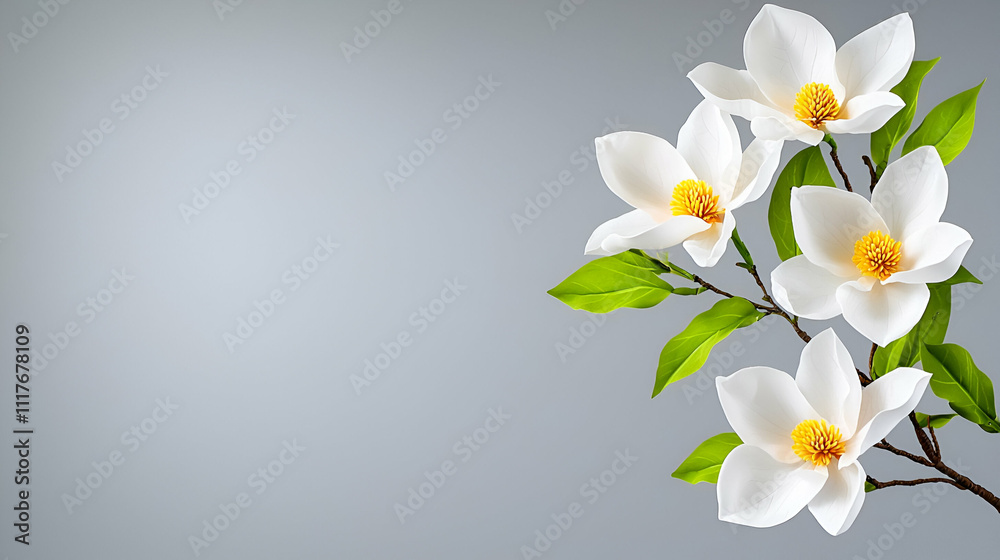 A serene arrangement of white magnolia flowers on a branch, set against a soft gray background, creating a tranquil and elegant aesthetic. A serene arrangement of white magnolia flowers on a branch, set against a soft gray background, creating a tranquil and elegant aesthetic.