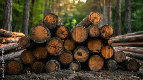 Logs stacked in a forest with sunlight filtering through trees during golden hour