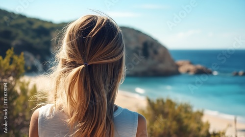 Blonde Woman Enjoying Scenic Beach View Highlighted by Turquoise Ocean and Lush Greenery : Generative AI