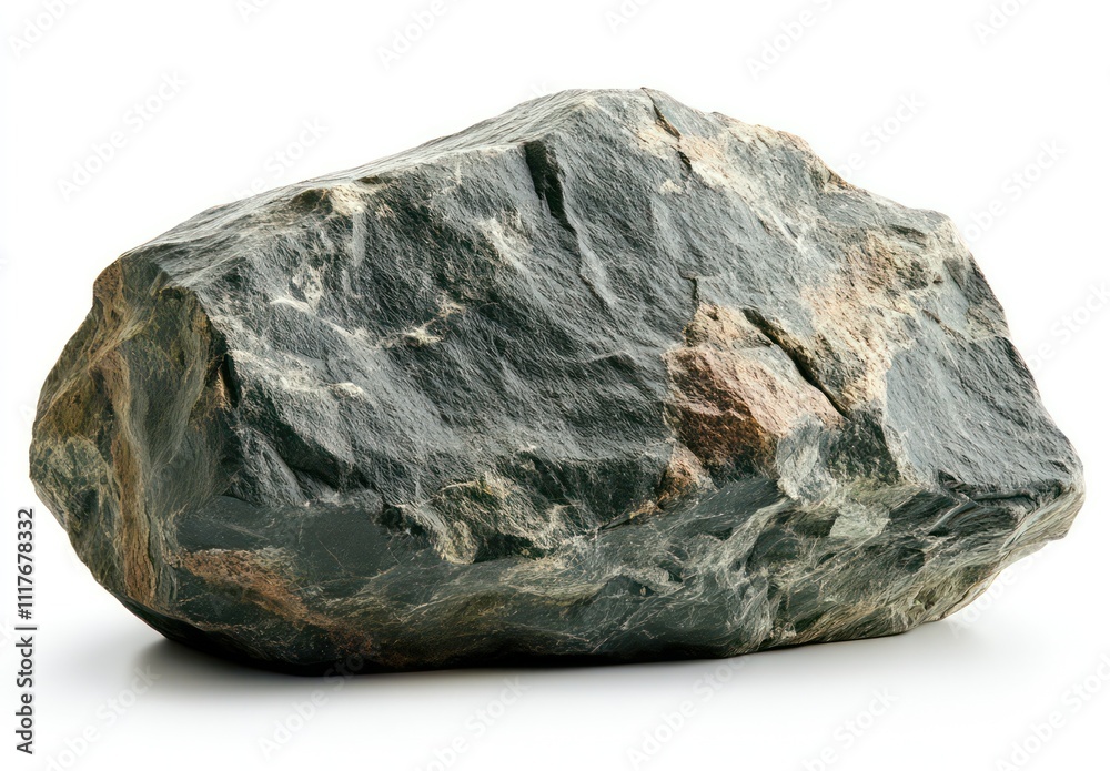 A large, dark green rock with visible mineral deposits, isolated on a white background. A large, dark green rock with visible mineral deposits, isolated on a white background.