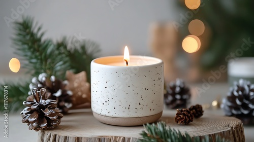 Lit candle with pine cones and branches on wood.