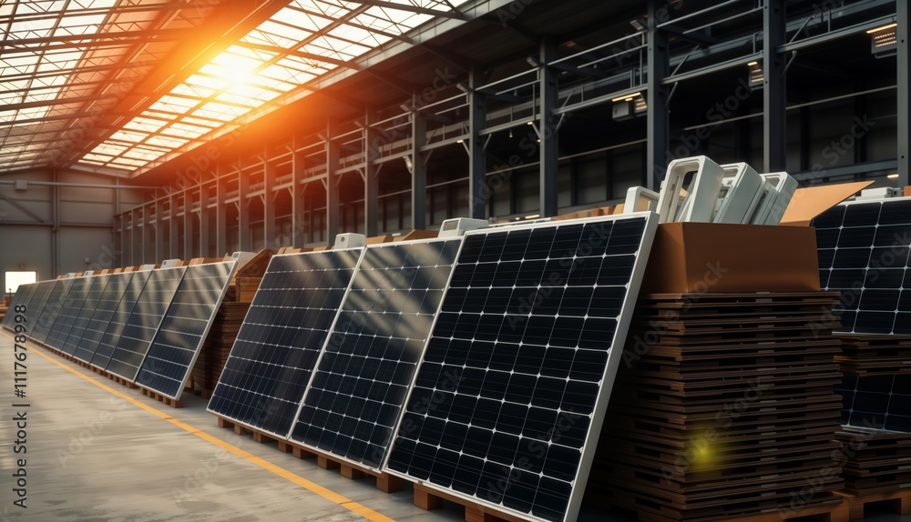 Solar Panels in Factory. Solar panels lined up in a factory, ready for shipping, showcasing renewable energy production. Solar Panels in Factory. Solar panels lined up in a factory, ready for shipping, showcasing renewable energy production.