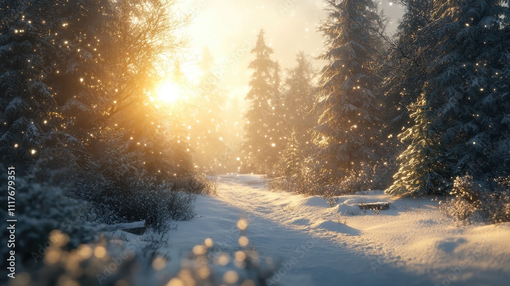 Sunlit snow-covered path in a winter forest. Ideal for winter, holiday, and nature themes; evokes peace and serenity. Sunlit snow-covered path in a winter forest. Ideal for winter, holiday, and nature themes; evokes peace and serenity.