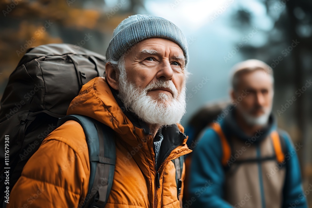 Two senior hikers wearing orange and blue jackets and backpacks walking in mountain forest on cloudy autumn day Two senior hikers wearing orange and blue jackets and backpacks walking in mountain forest on cloudy autumn day