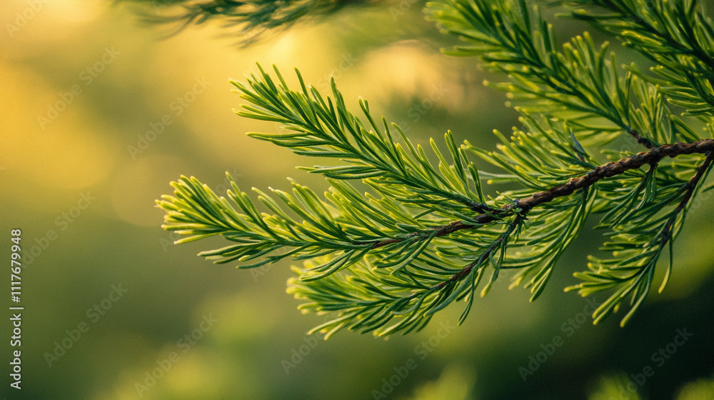 Close-up of vibrant green pine needles in a serene forest setting during golden hour