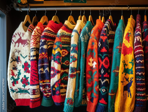 A colourful and quirky woollen Christmas jumper displayed on a clothes rack, with festive prints such as reindeer, snowflakes and bright colours. Perfect for the festive spirit. photo
