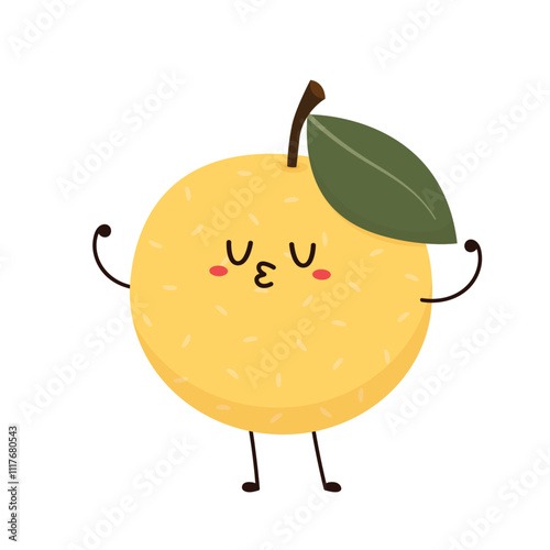 Asian pear character. Asian pear whole fruit and half isolated on white background. Vector illustration of tropical exotic fruits in flat style.