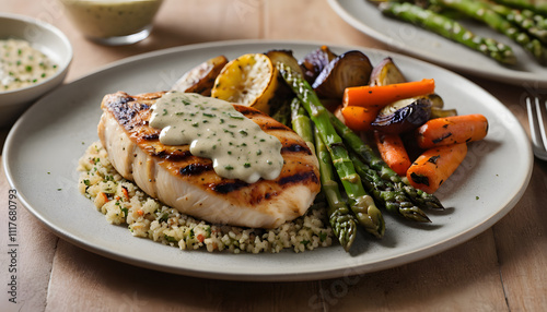 Sizzling grilled chicken breast with lemon herb sauce, served alongside quinoa and roasted vegetables