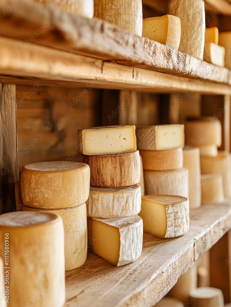 Variety of artisanal cheeses displayed on wooden shelves in a rustic setting