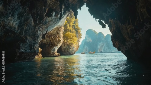 Scenic view from a sea cave, showing tranquil turquoise water, karst islands, and traditional longtail boats.