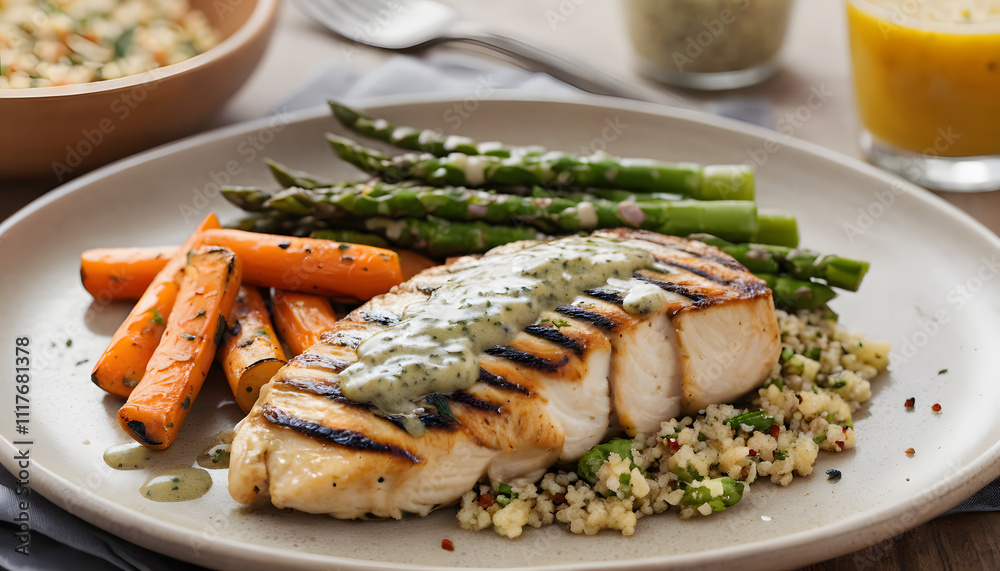 Grilled chicken breast with lemon herb drizzle, accompanied by a serving of quinoa and roasted vegetables Grilled chicken breast with lemon herb drizzle, accompanied by a serving of quinoa and roasted vegetables