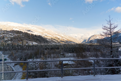 Scenic view of snowy landscape at Hinterrhein Valley in the Swiss Alps on sunny autumn day. Photo taken November 22nd, Sils im Domleschg, Switzerland. photo