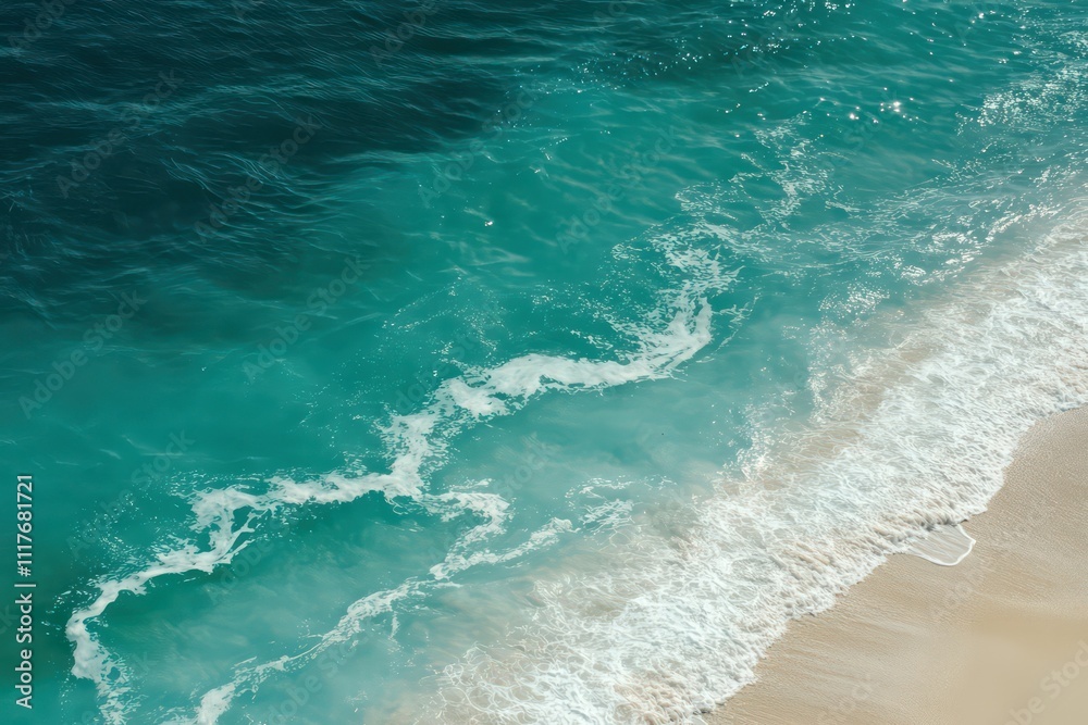 Aerial view of turquoise ocean waves meeting sandy beach. Aerial view of turquoise ocean waves meeting sandy beach.