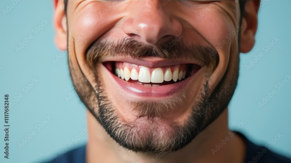 Close-up of a dazzling smile of a bearded man with perfect teeth