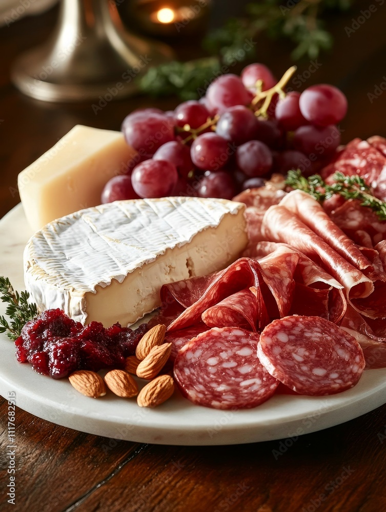 Savory cheese platter with assorted cured meats, fresh grapes, and nuts arranged on a rustic wooden table