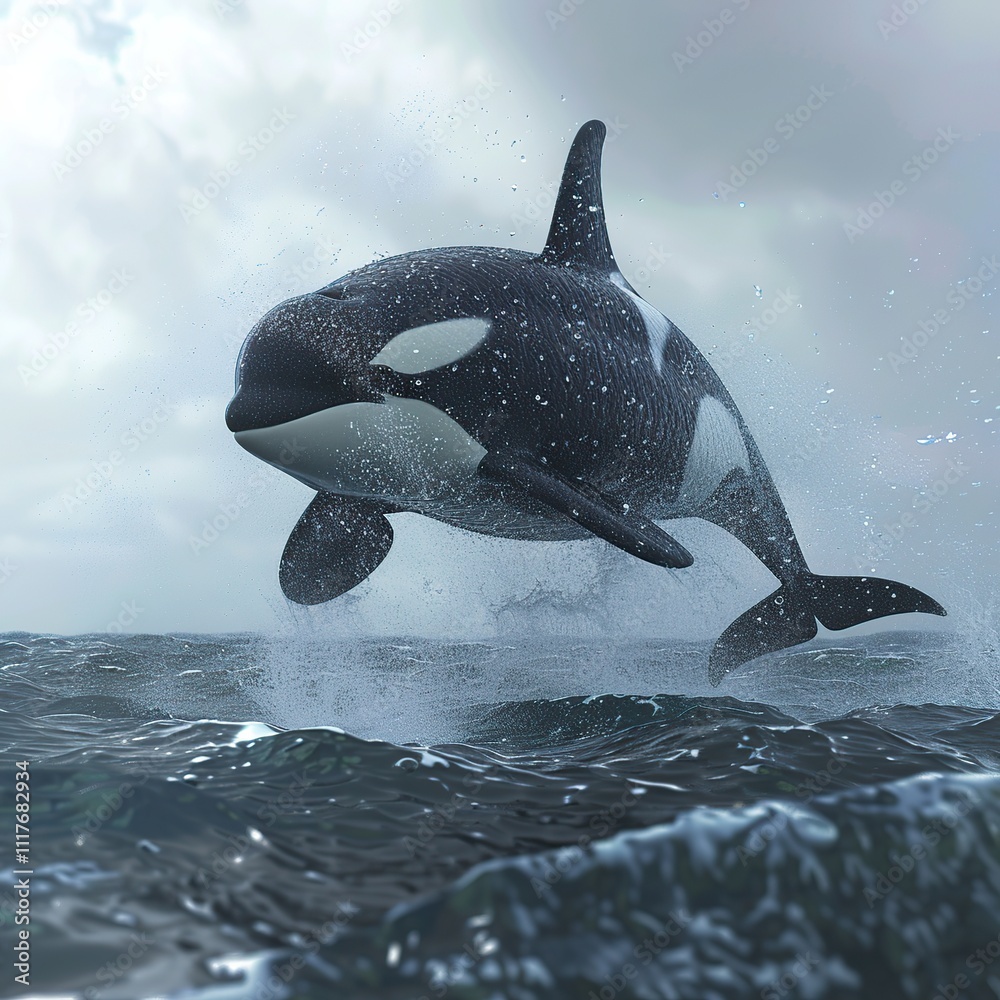 Obraz premium Orca whale leaping from ocean waves under a dramatic sky.