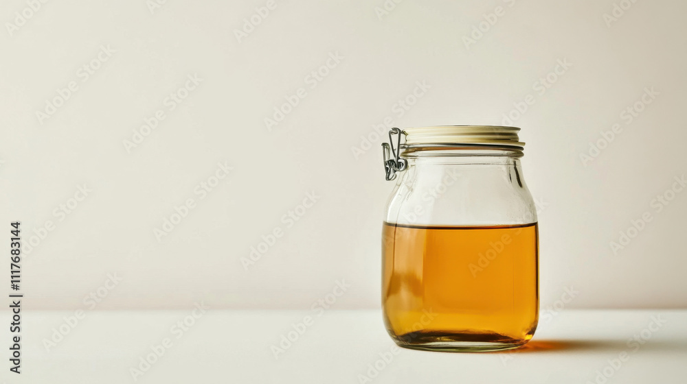 Clear glass jar filled with golden honey on a white surface against a neutral background, showcasing simplicity and purity. Clear glass jar filled with golden honey on a white surface against a neutral background, showcasing simplicity and purity.