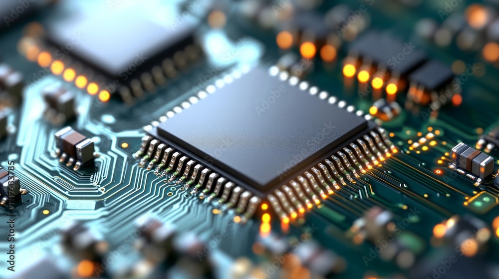 circuit board featuring glowing microchips and intricate wiring. circuit board featuring glowing microchips and intricate wiring.