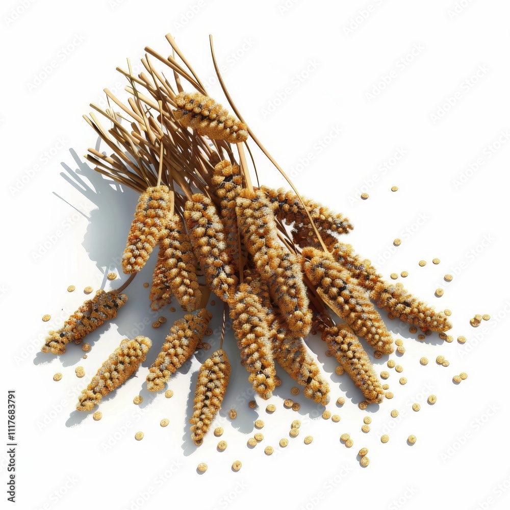A close-up of golden wheat ears with grains scattered on a white surface, highlighting the beauty of agricultural produce. A close-up of golden wheat ears with grains scattered on a white surface, highlighting the beauty of agricultural produce.