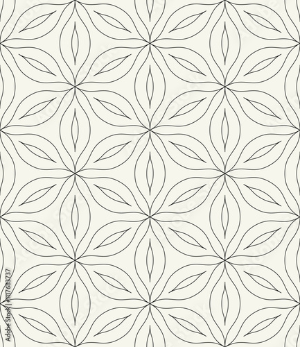 Vector seamless pattern. Monochrome graphic design. Decorative elegant petals. Regular floral background with geometric elements. Contemporary stylish ornament.