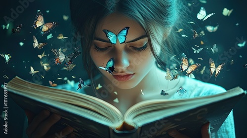 Woman reading book surrounded by magical butterflies.