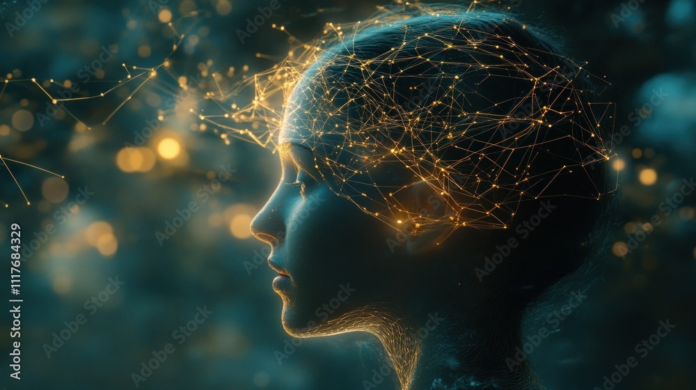 Obraz premium A human mind visualized as a glowing neural network connected to digital clouds, 