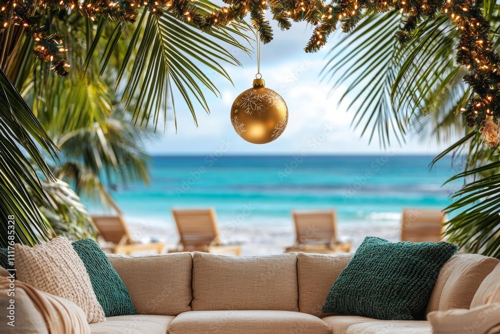 Fototapeta premium seamless of A gold ornament hanging from a palm tree with a festive beach scene in the background , isolated on white background, , copy space, copy space for text,