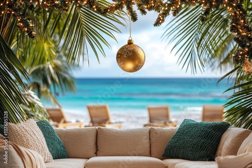 seamless of  A gold ornament hanging from a palm tree with a festive beach scene in the background , isolated on white background,  , copy space, copy space for text, photo