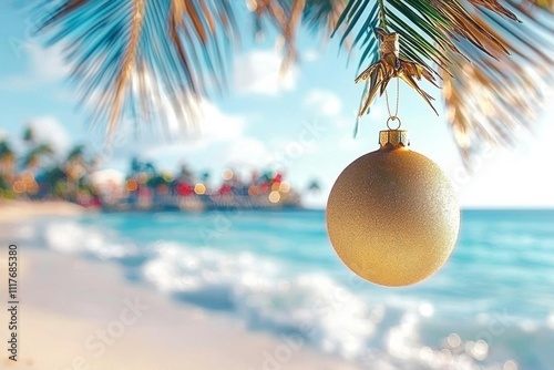 seamless of  A gold ornament hanging from a palm tree with a festive beach scene in the background , isolated on white background,  , copy space, copy space for text, photo