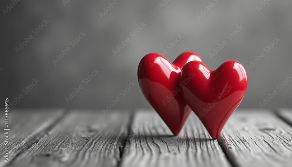 Fototapeta premium Two vibrant red hearts, glossy and smooth, stand side by side on a rustic wooden surface, creating a striking contrast against a softly blurred gray background. The image radiates warmth and affection