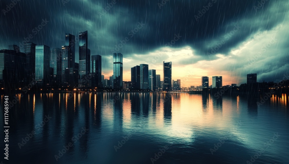 Fototapeta premium Rainy Cityscape at Dusk: A Stunning Reflection