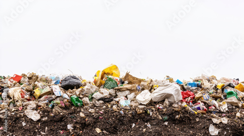 A large pile of assorted trash and plastic waste sits on dark ground against a plain white sky, highlighting environmental pollution. photo